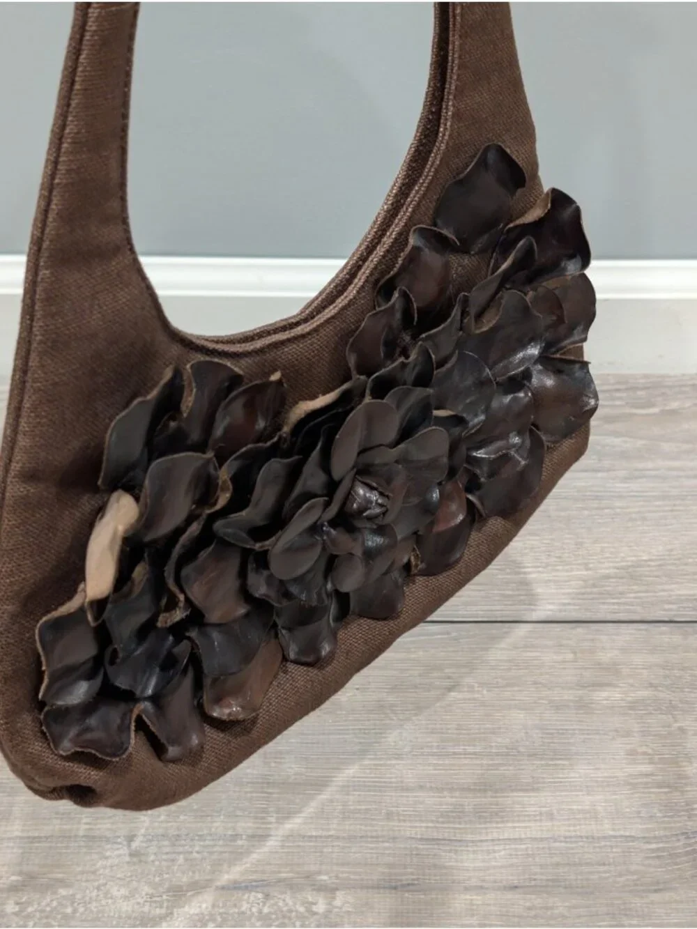 Paolo Masi Italian Leather and Brown Canvas Shoulder Bag Floral Applique Boho